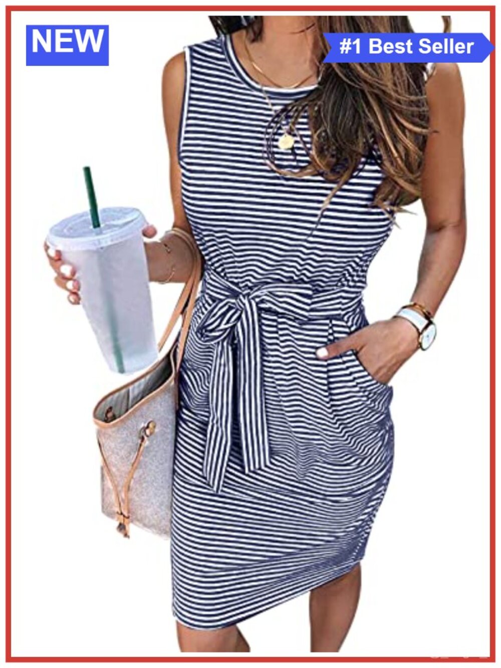MEROKEETY Womens Sleeveless Striped Bodycon Dress Tie Waist Pockets